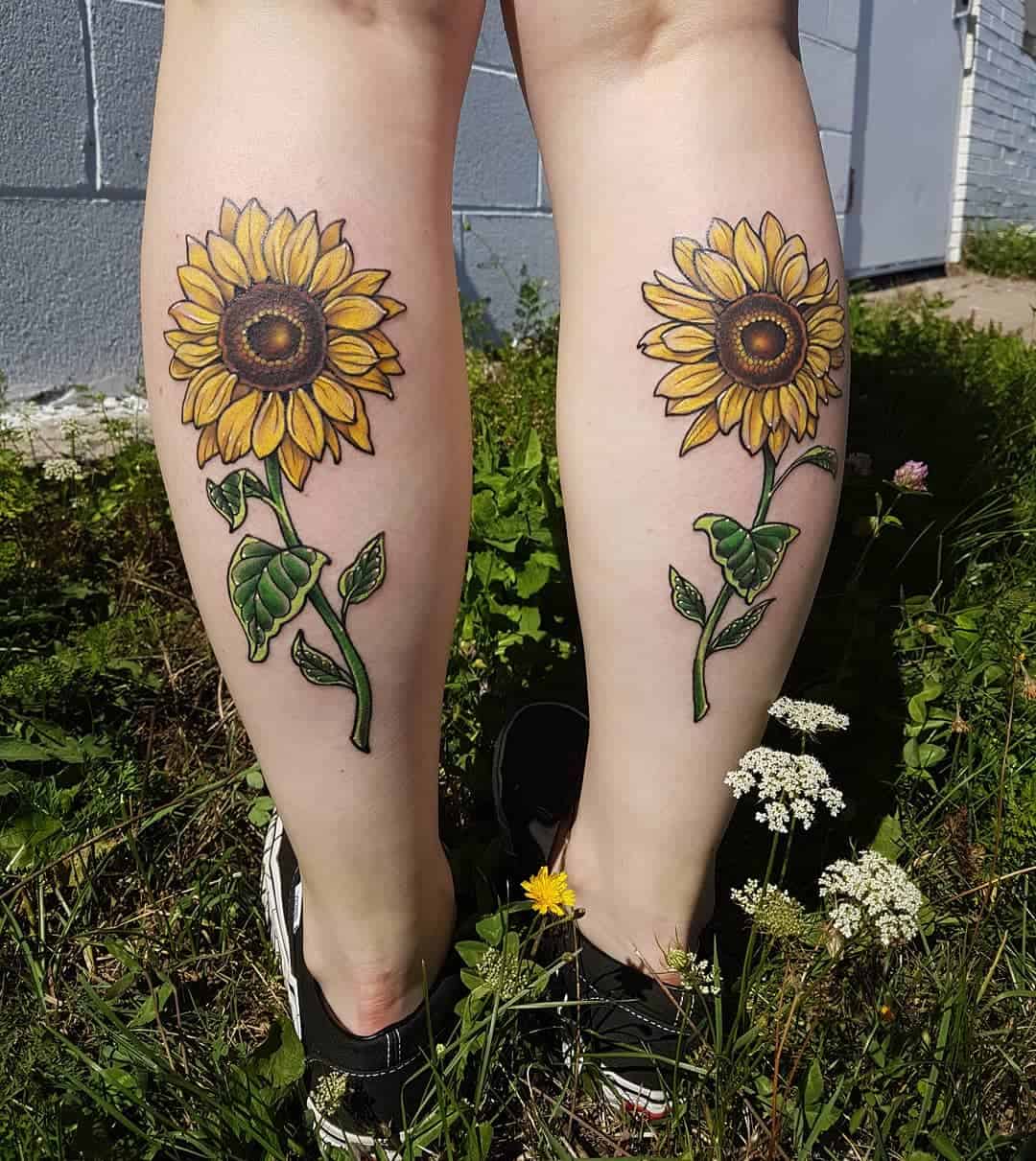Bright Sunflower tattoo on leg