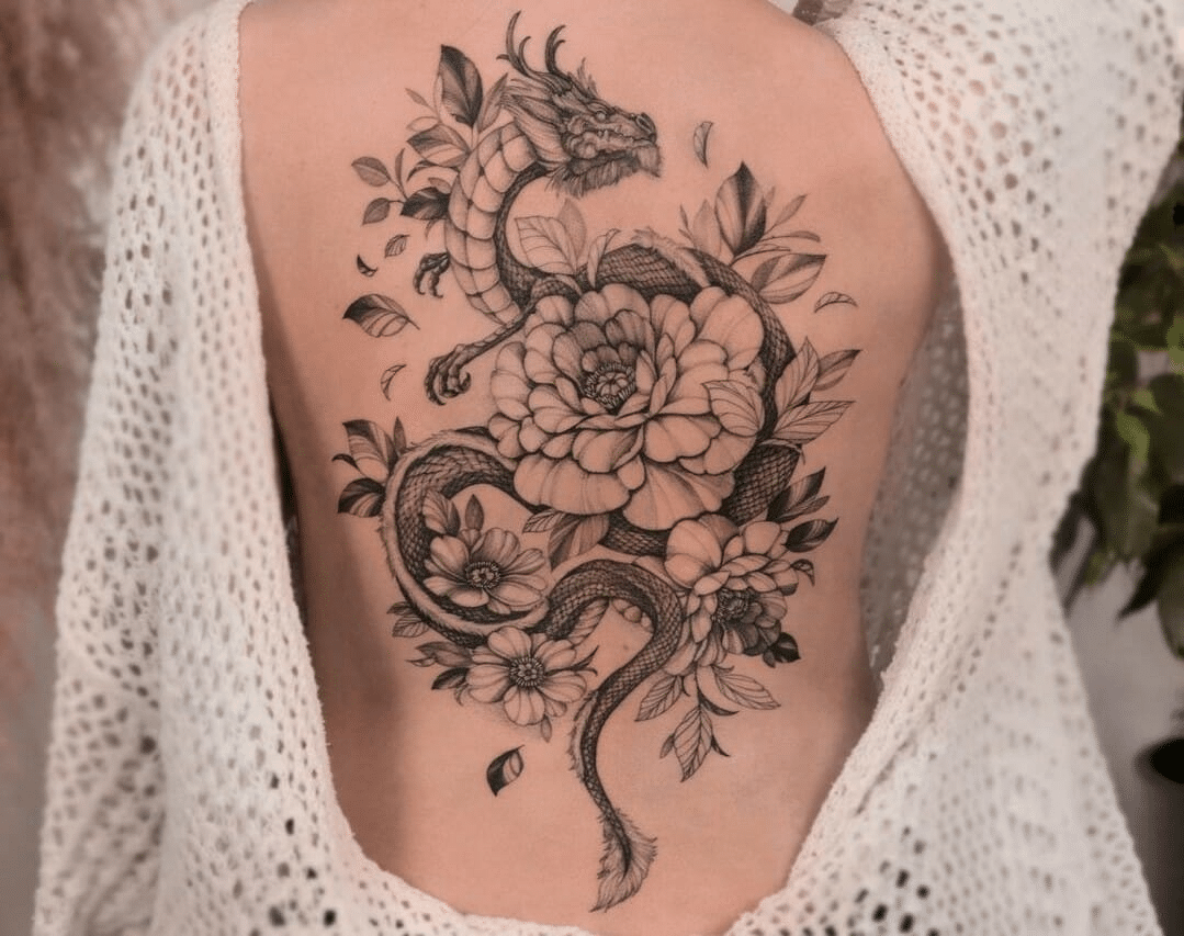Chinese Dragon Tattoo with flowers