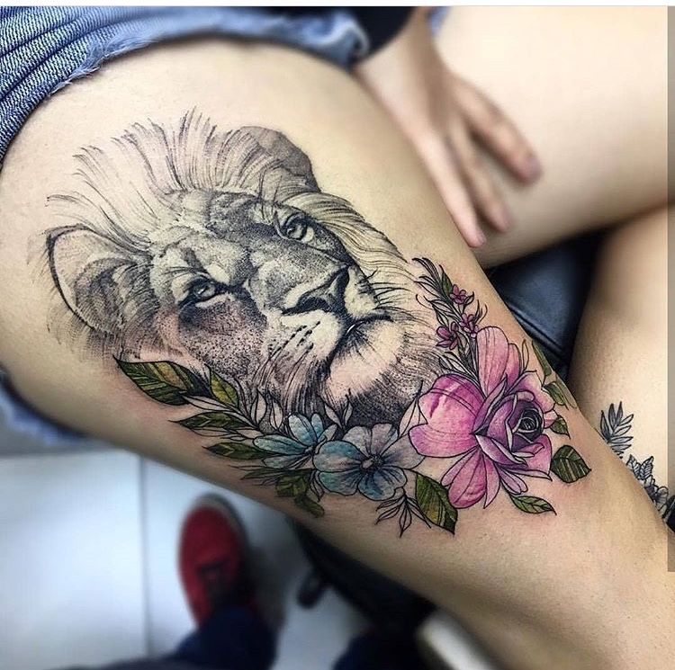 Lion And Flowers Thigh Tattoo