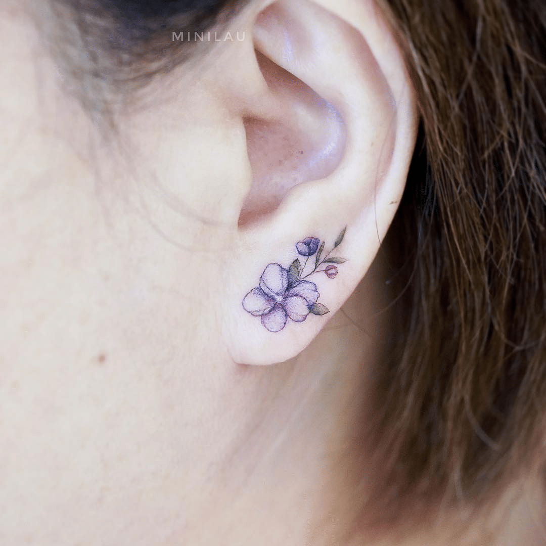 Purple Flower Ear Tattoo