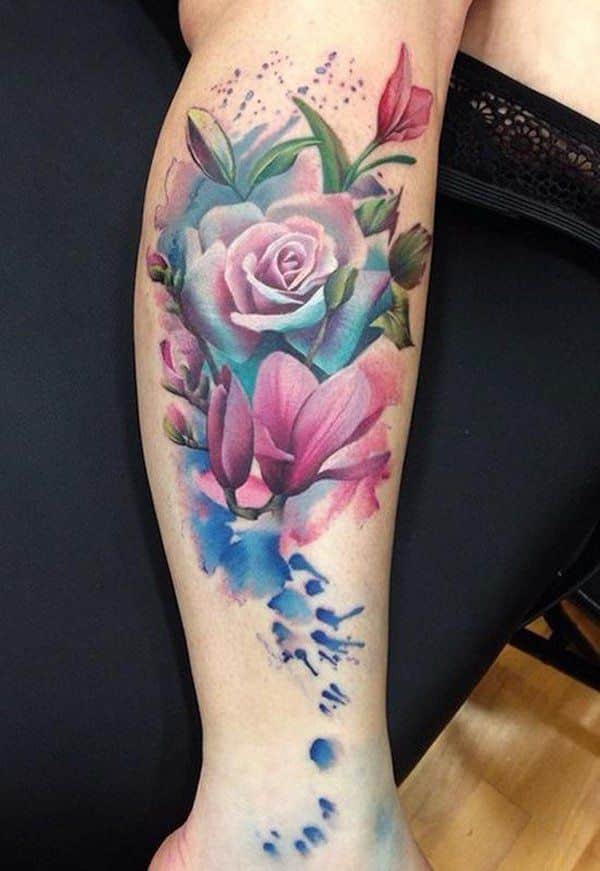 Water Colored Flowers tattoo on leg