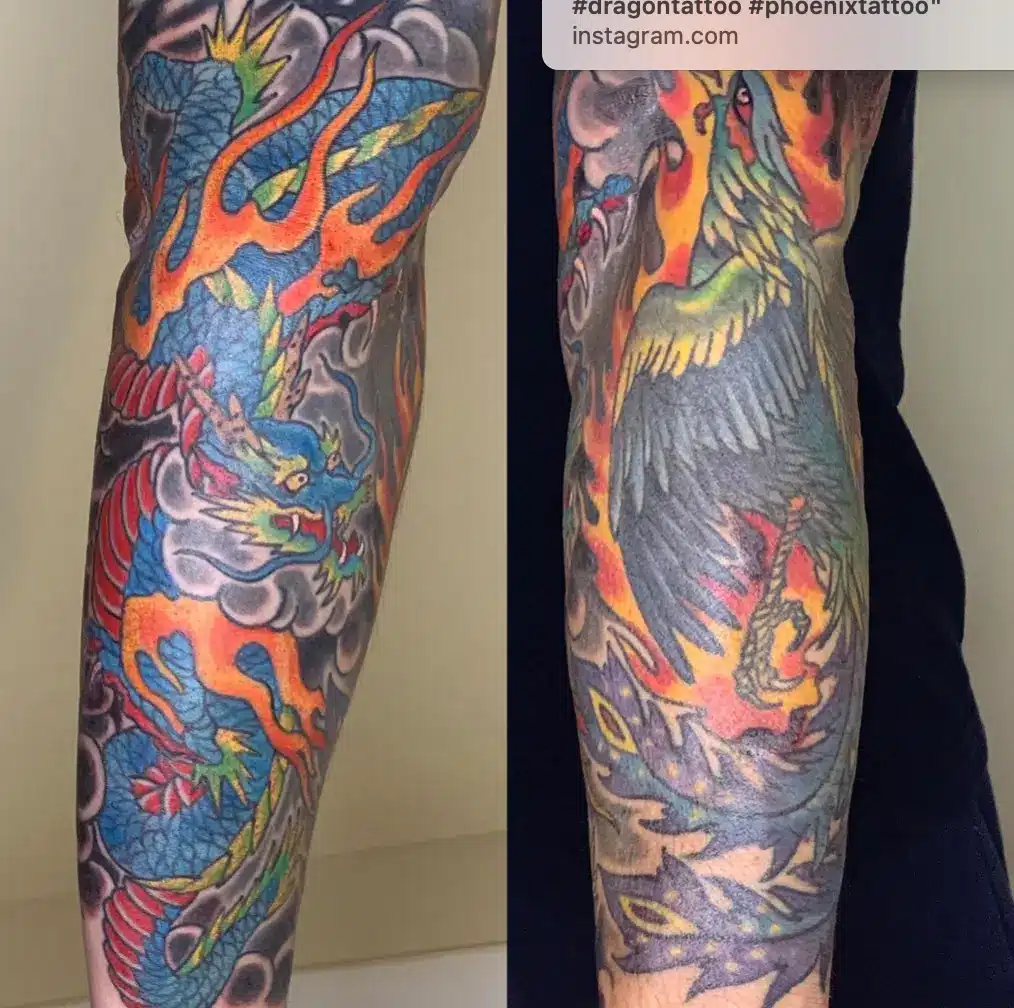 Bold colors dragon and phoenix tattoo