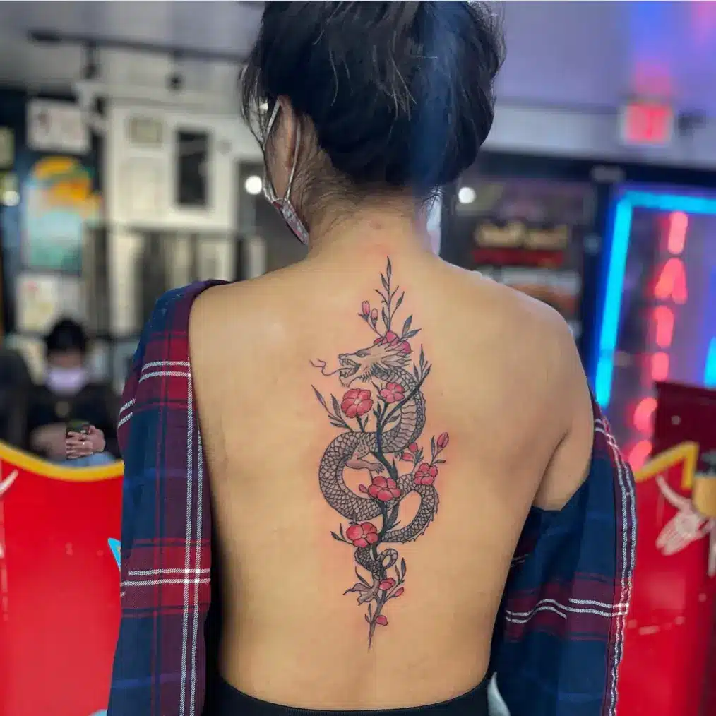 Dragon Cherry Blossom Tattoo on Back