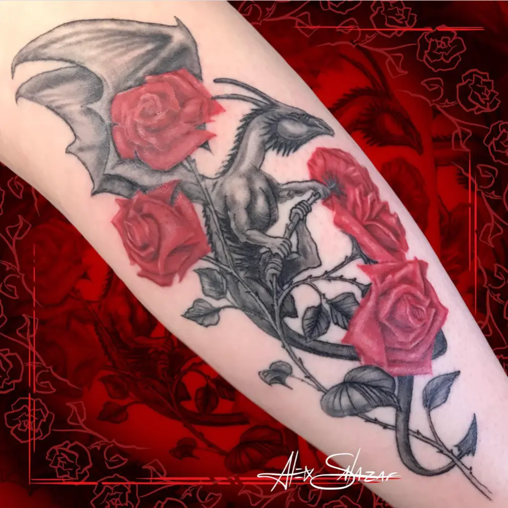 Dragon rose perching tattoo