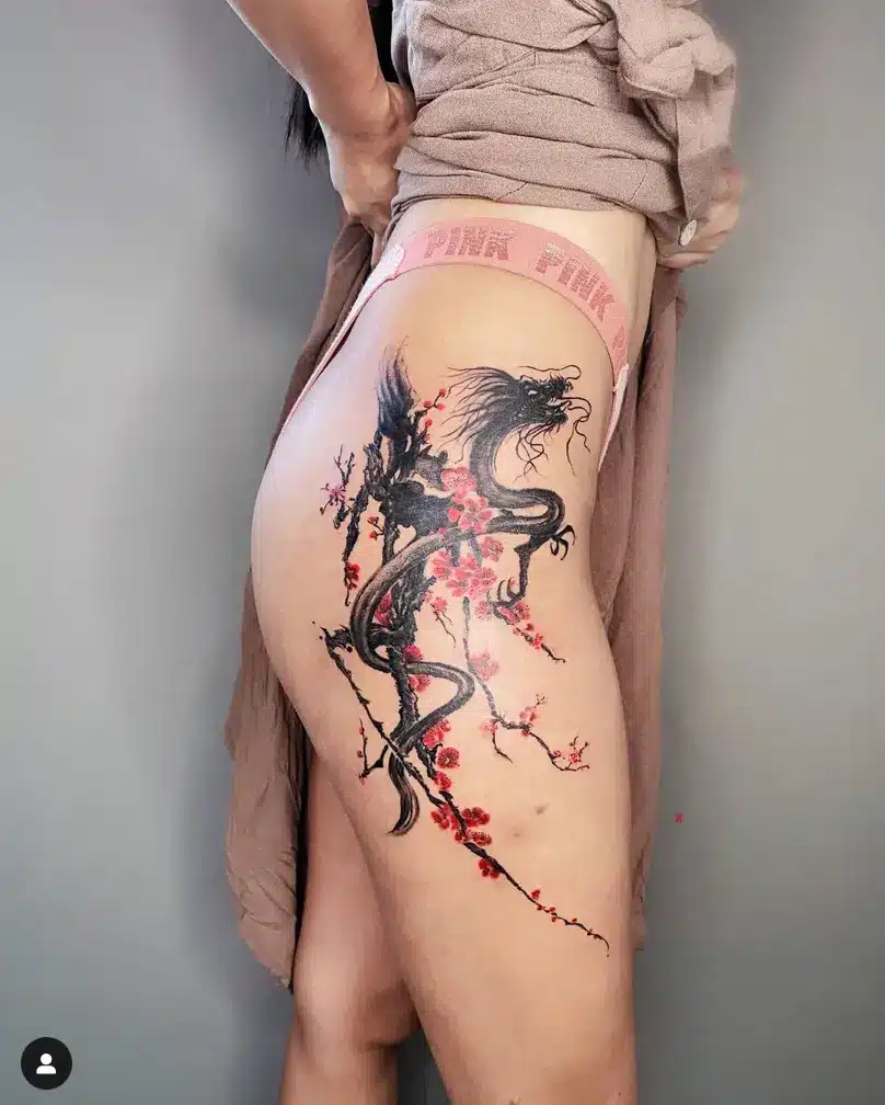 Torso Dragon Cherry Blossom Tattoo