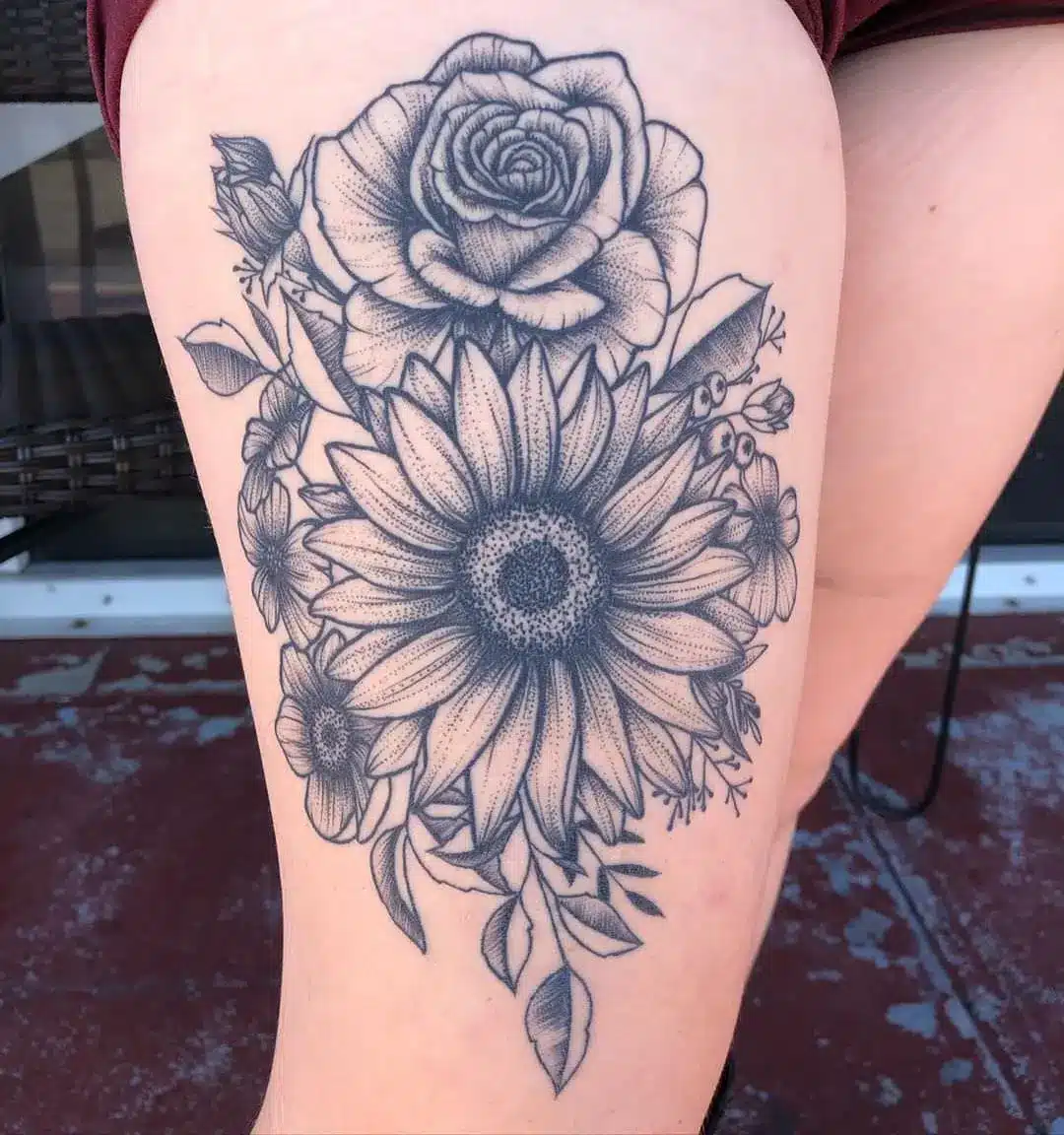 Upper Thigh Sunflower Tattoo