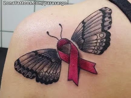 butterfly ribbon tattoo on shoulder