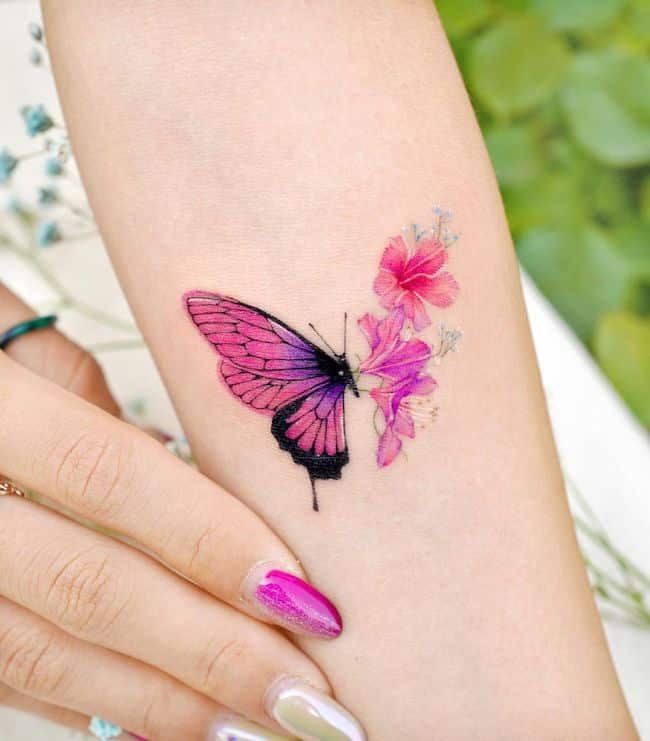 floral pink butterfly tattoo