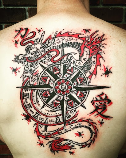 Red Dragon and Compass Tattoo