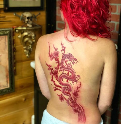 Red Dragon and Lotus Flower Tattoo