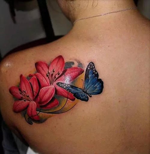 flower butterfly tattoo on Shoulder Blade