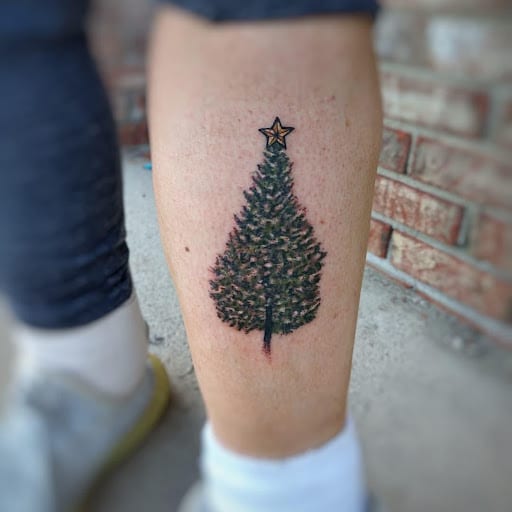 Christmas Tree Tattoo on leg