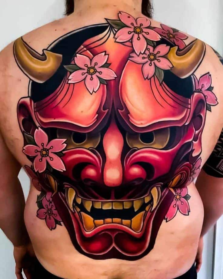 Japanese Mask Tattoo On Back