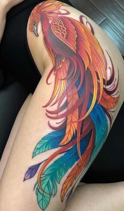 Phoenix tattoo on leg for women