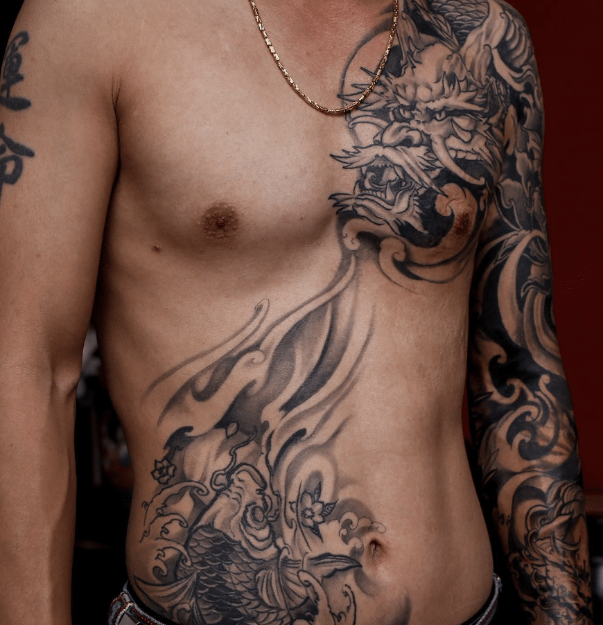Across-The-Body Koi Dragon Tattoo