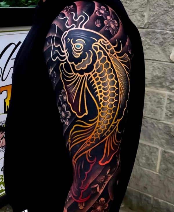 Arm and Shoulder With Koi Fish Tattoo