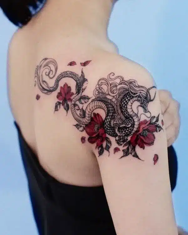 Black Floral Dragon Tattoo