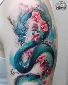 Blue Dragon with Florals Tattoo