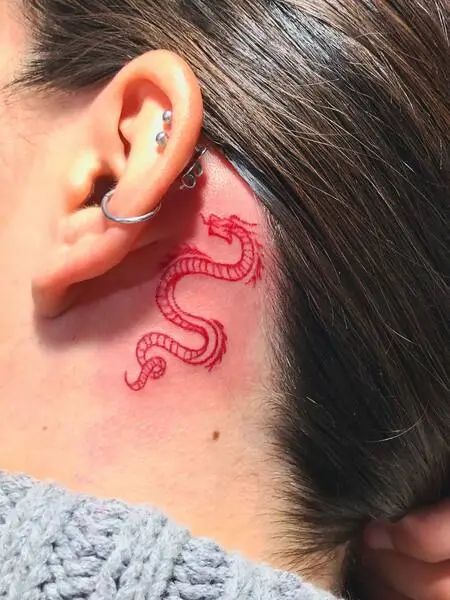 Ear And Neck Red Dragon Tattoo