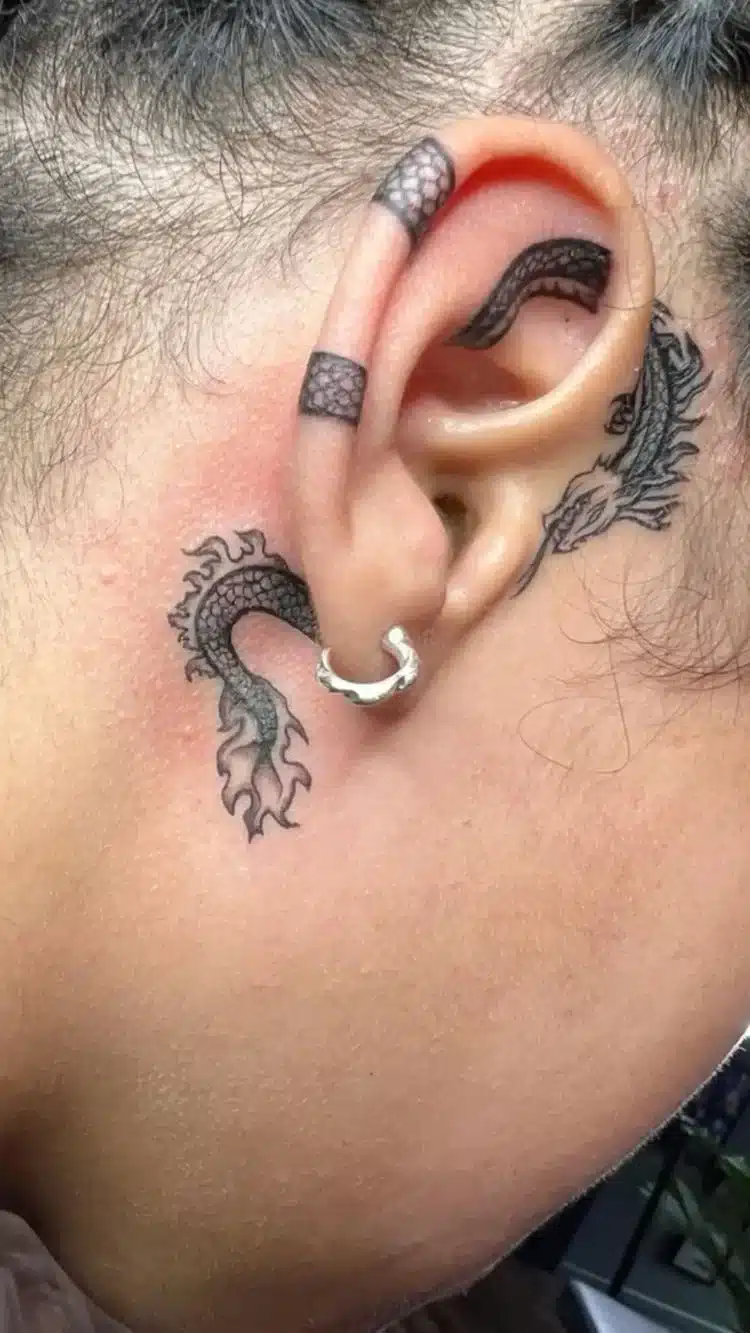Ear With Japanese Dragon Tattoo