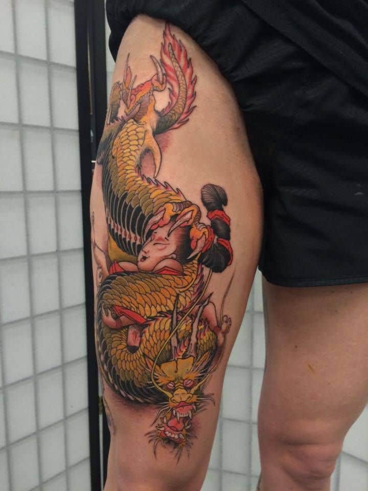 Japanese Yellow Dragon Tattoo on a leg