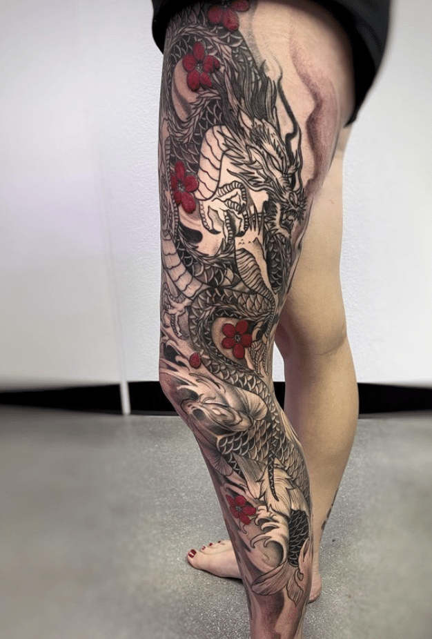 Koi Dragon Tattoo Design On The Leg