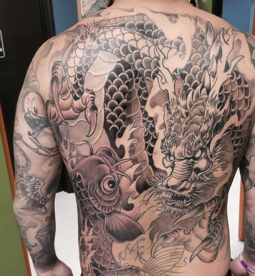 Koi Dragon Tattoo On The Back