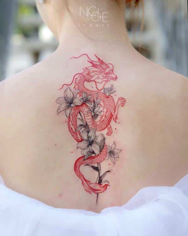 Red Dragon tattoo with Flowers