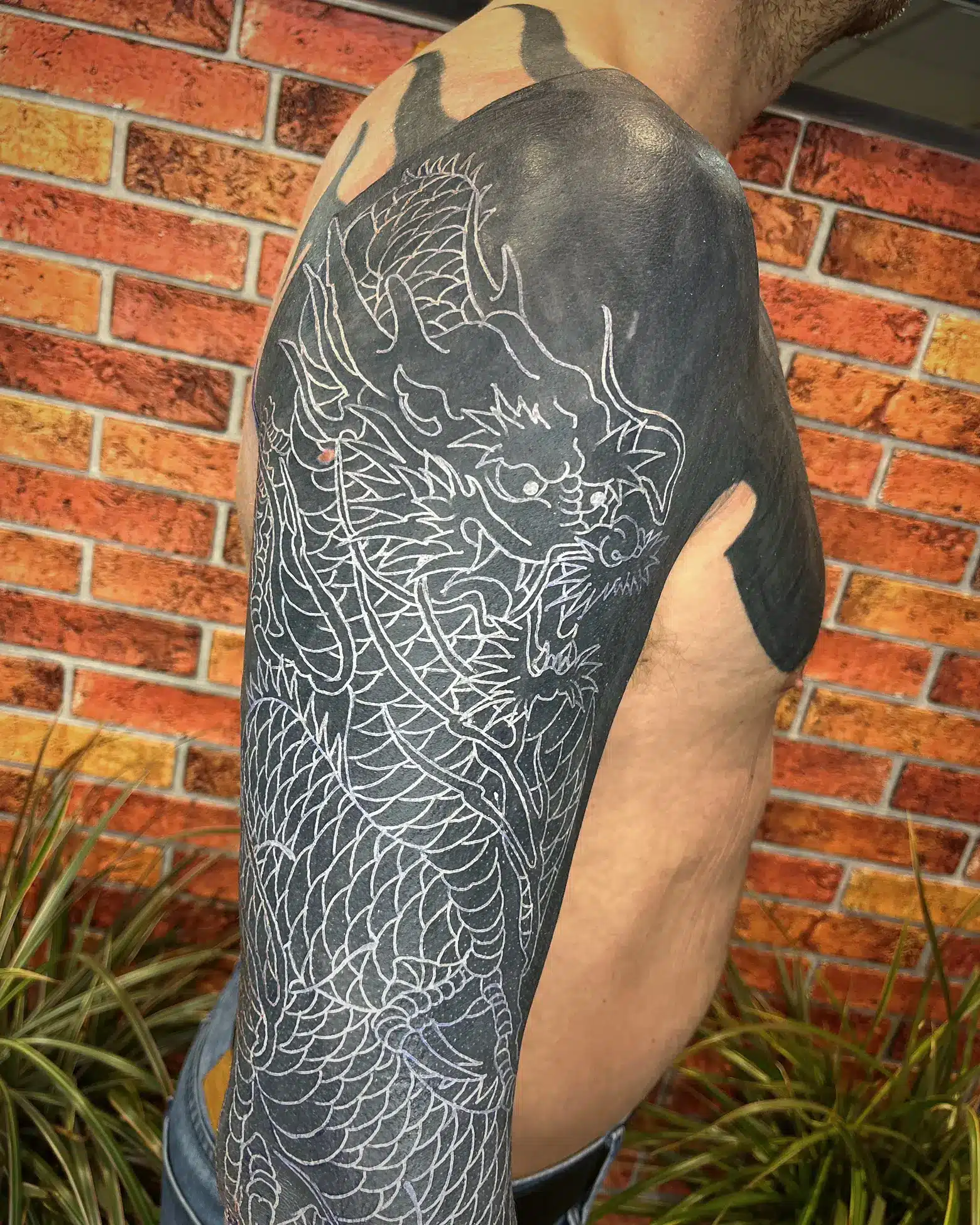 White Ink On Black Background Dragon Tattoo
