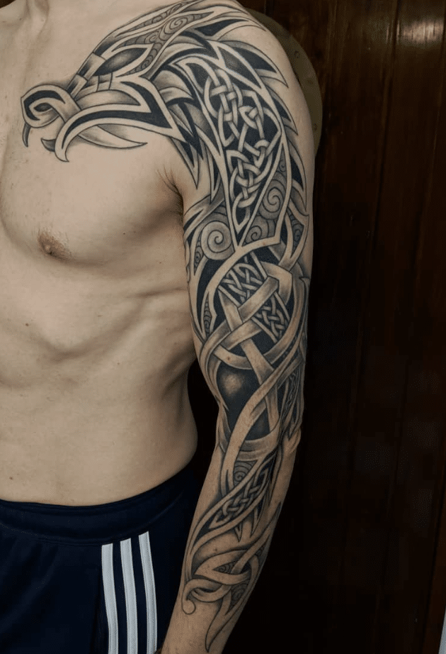 Arm To Chest Celtic Dragon Tattoo
