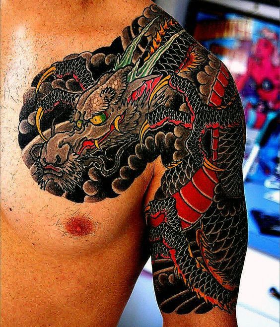 Arm To Chest Yakuza Dragon Tattoo Ideas