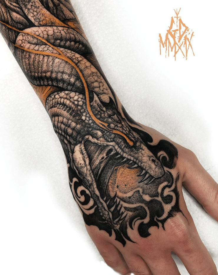 Basilisk Mythological Hand Tattoo