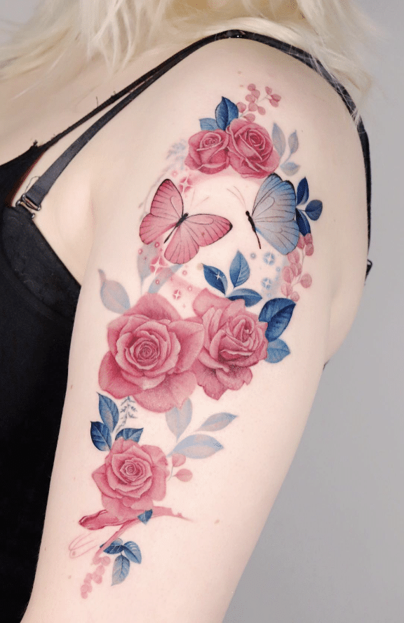 Blue And Pink Colorful Butterfly Tattoo