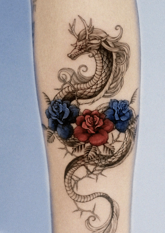 Blue and Red Rose Dragon Tattoo