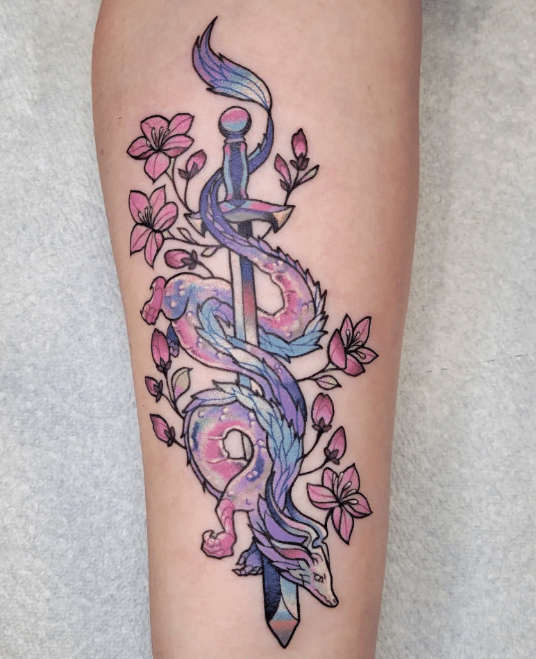 Brightly Colored Dragon Sword Tattoo