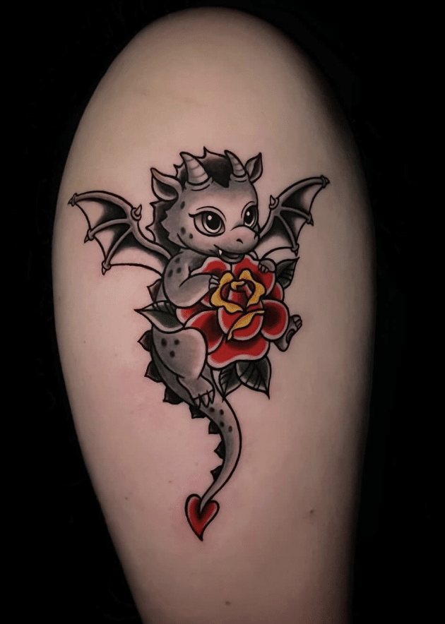 Cartoon Dragon Rose Tattoo