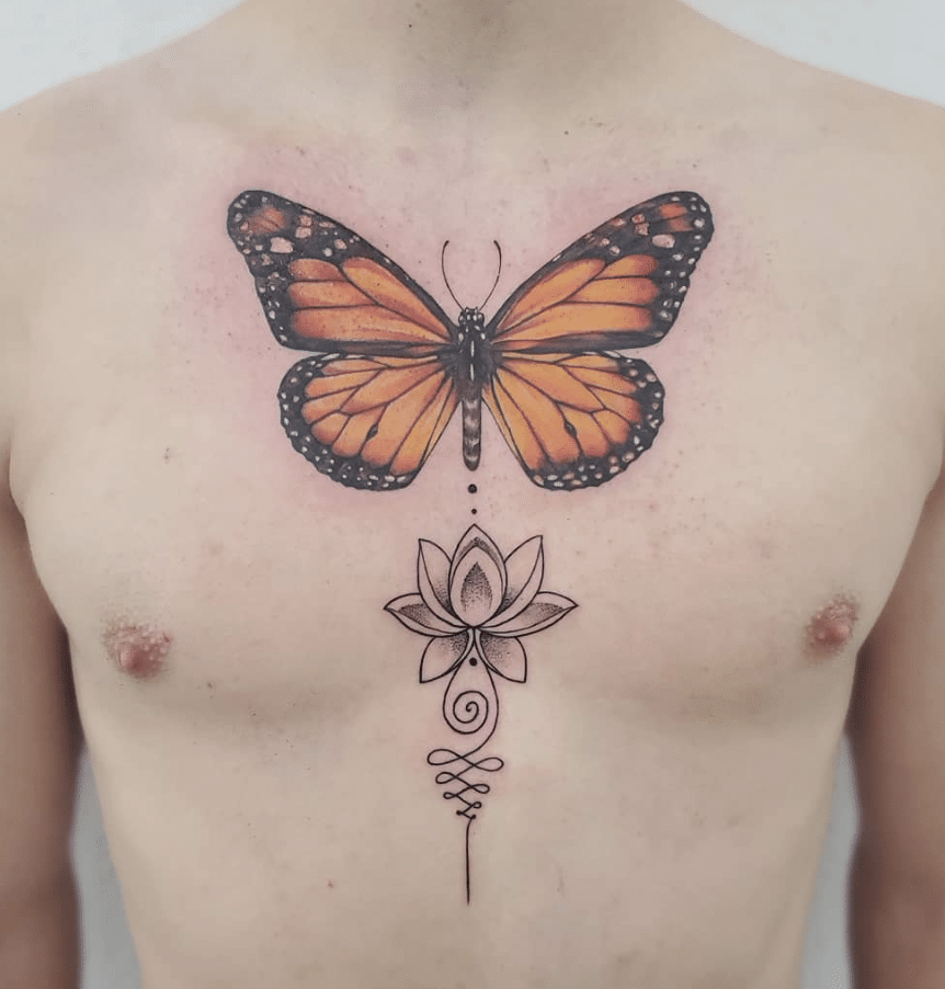 Chest Yellow Butterfly Tattoo Idea