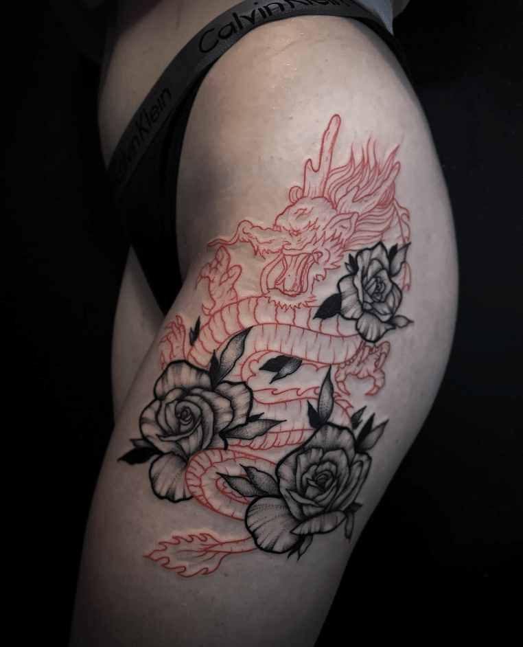 Chinese Dragon And Rose Tattoo