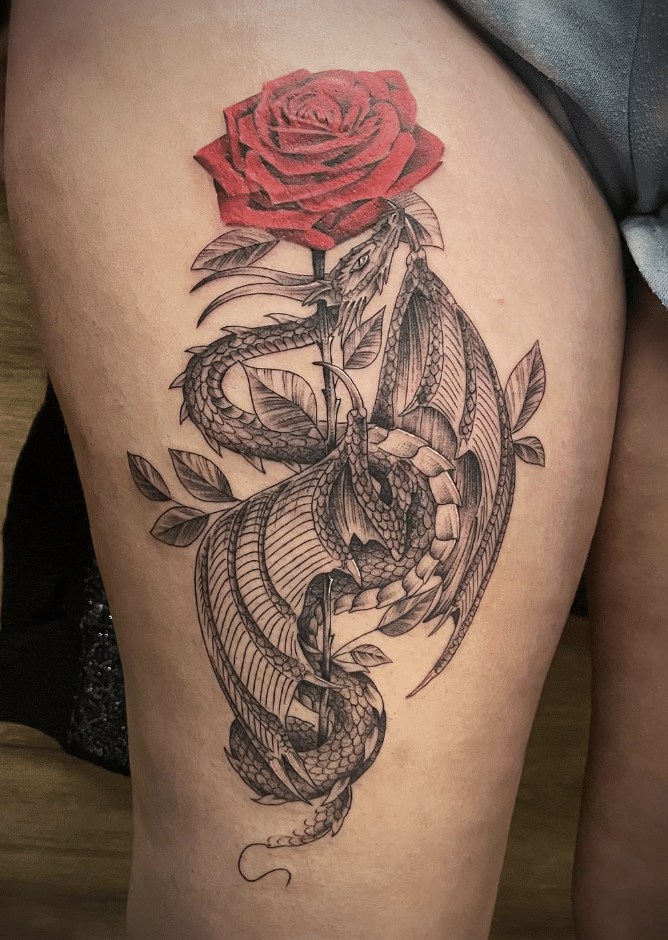 Coiling Dragon And Rose Tattoo