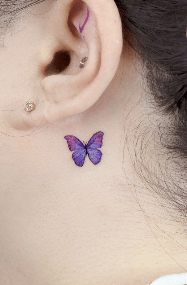 Colorful Butterfly Tattoo Idea On Ear