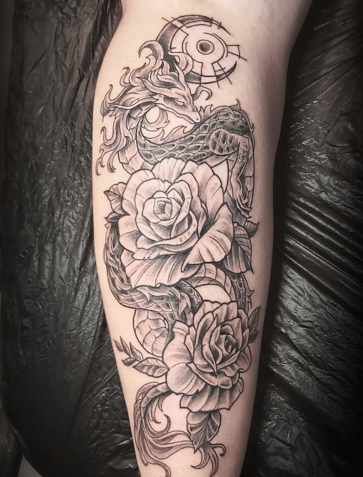 Colorless Dragon And Rose Tattoo