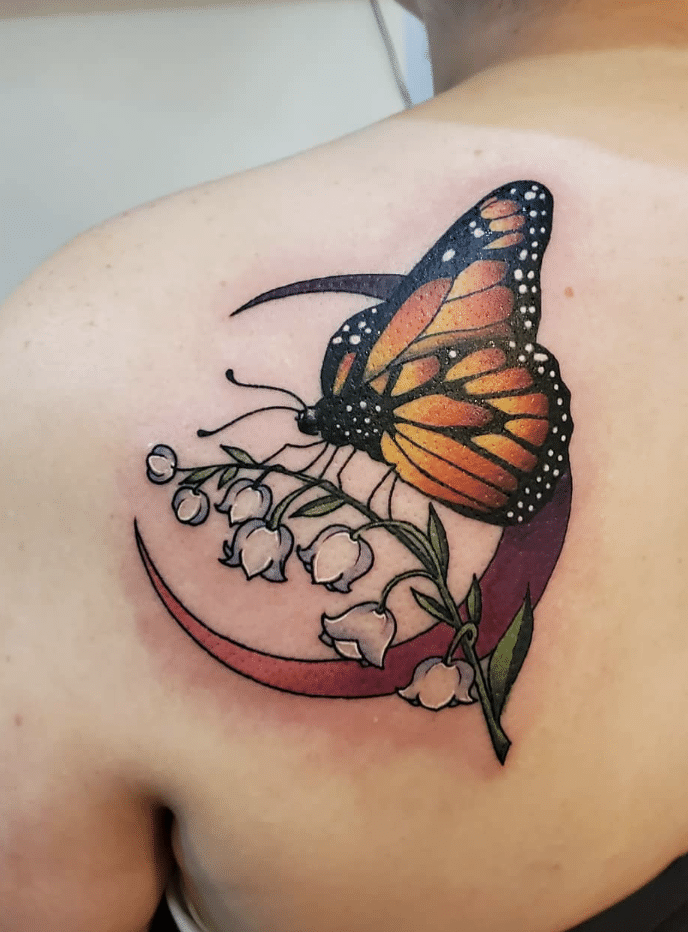 Crescent Moon Yellow Butterfly Tattoo