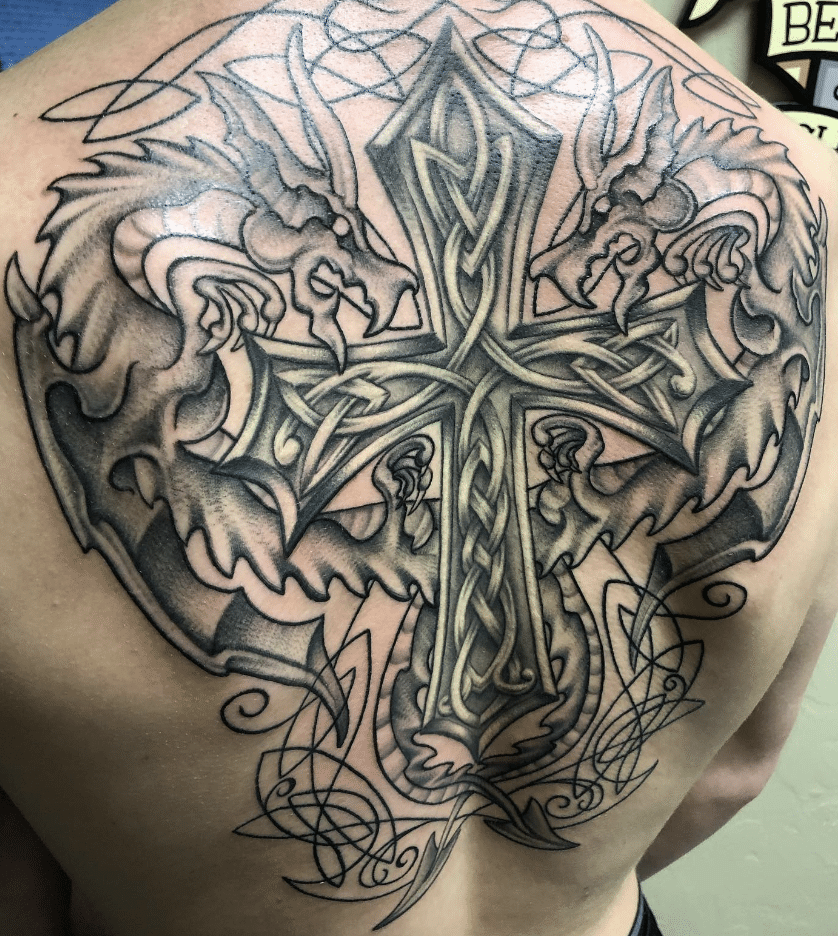 Double Dragon With Celtic Cross Tattoo
