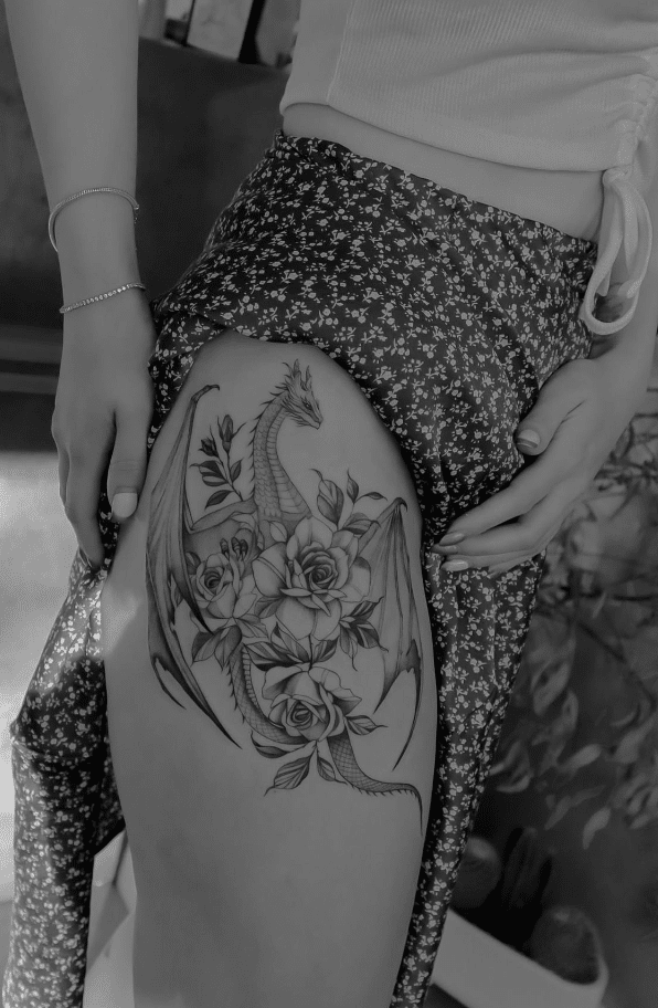 Dragon Rose Tattoo Design On Leg/Arm