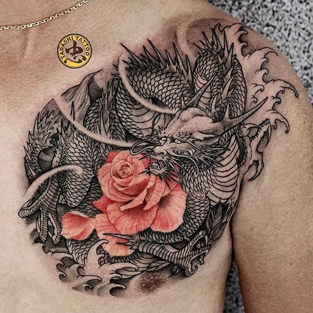 Dragon Rose Tattoo On Chest