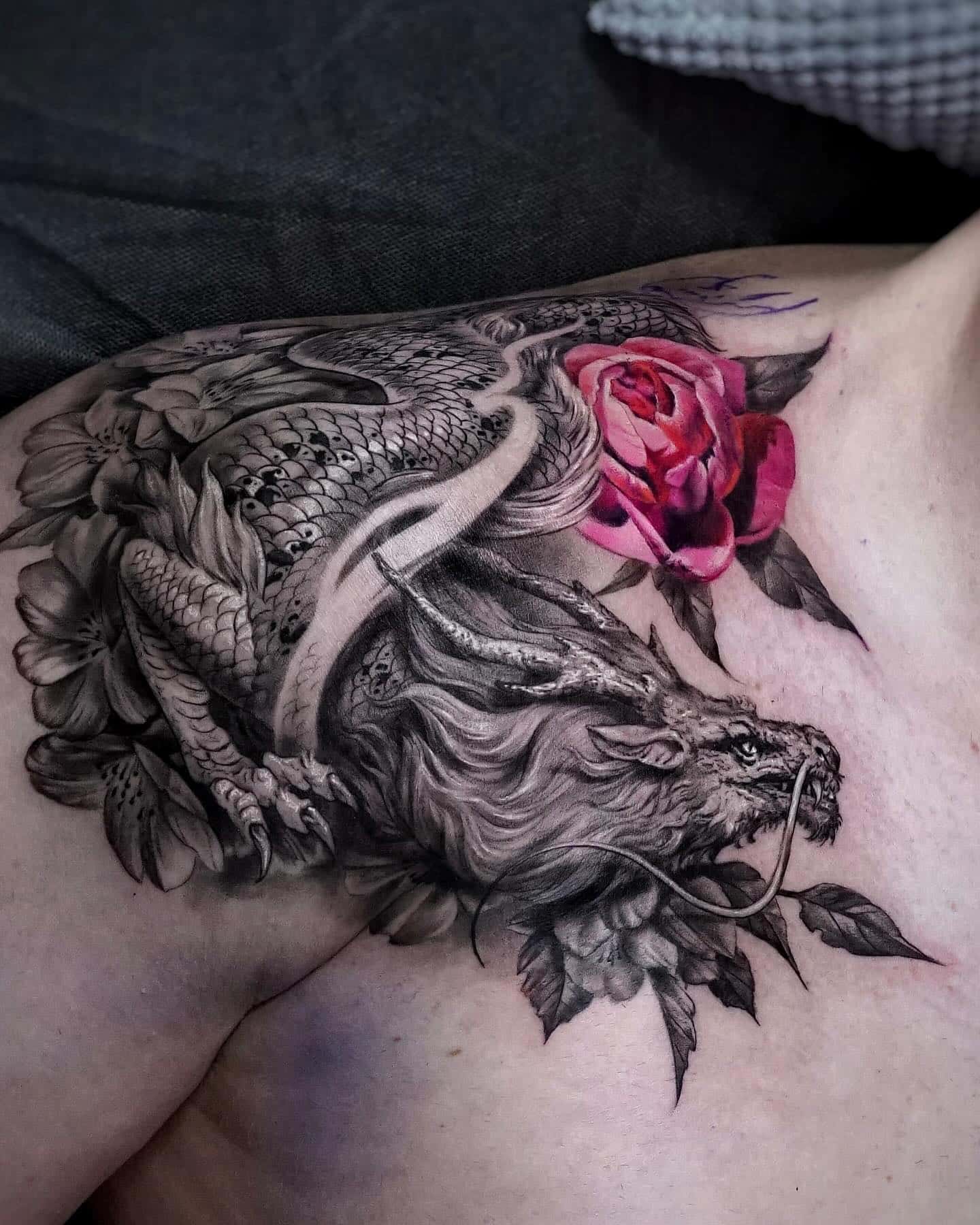 Dragon Rose Tattoo On Shoulder