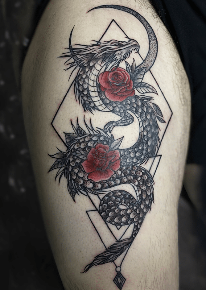 Dragon Rose and Moon Tattoo