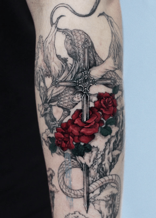 Dragon Sword Rose Tattoo