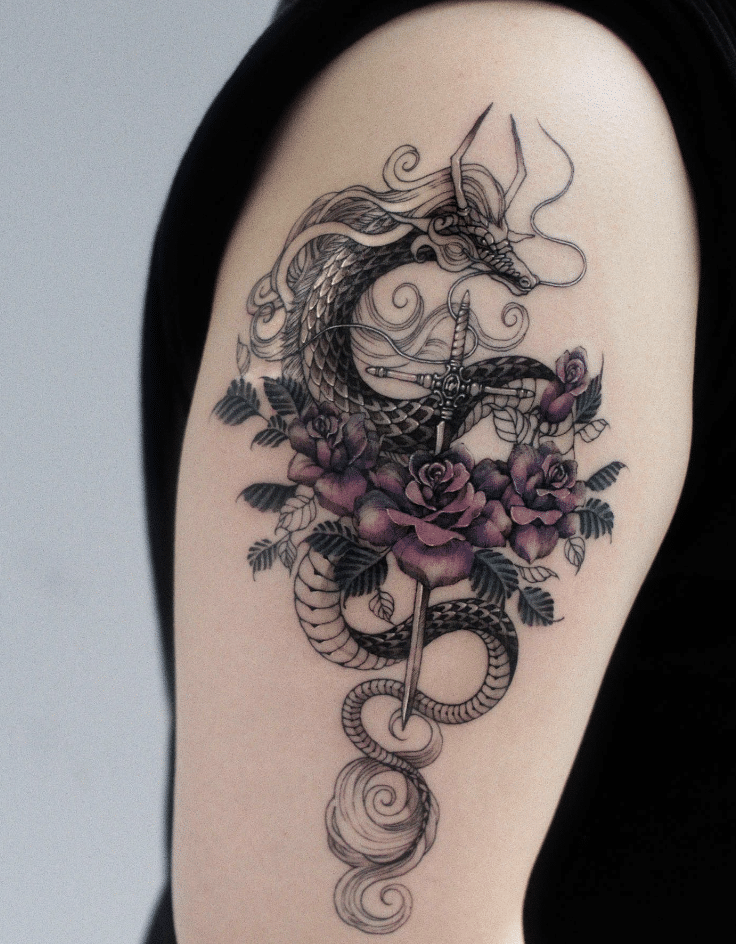 Dragon Sword Tattoo With Florals
