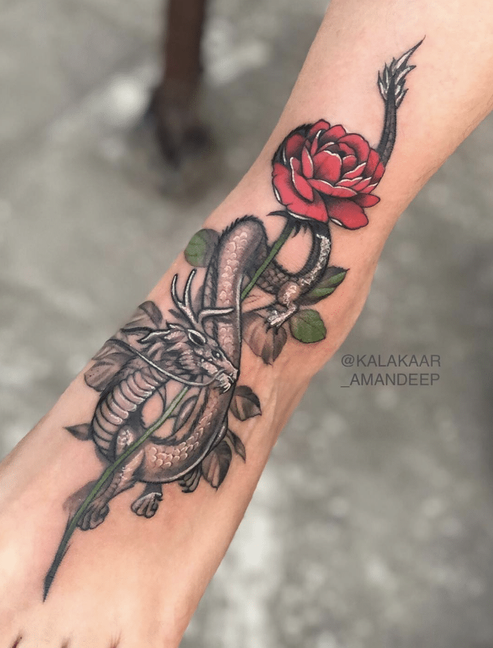 Dragon and Single Rose Tattoo